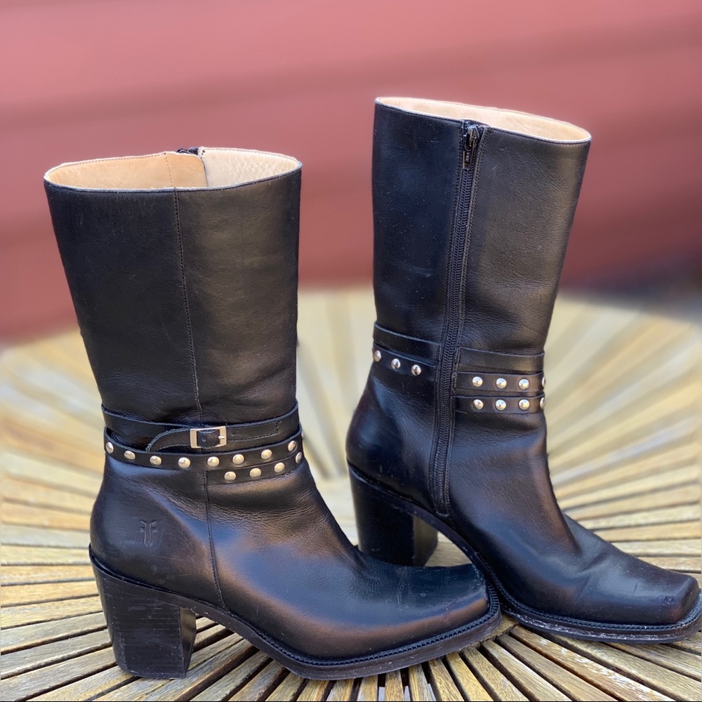 Frye black studded leather mid calf boots
